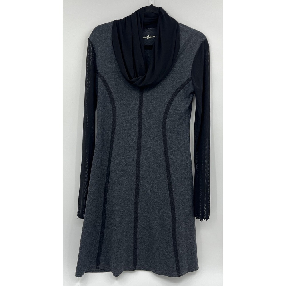 Laura Hlavac A-Line Cowl Neck Dress Lace Trim Mesh Sleeve Cotton Size Large